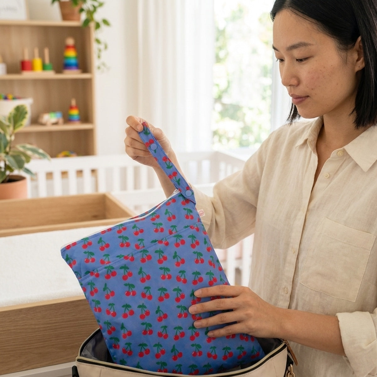 Nestling Double Pocket Wet Bag - Blue Cherries